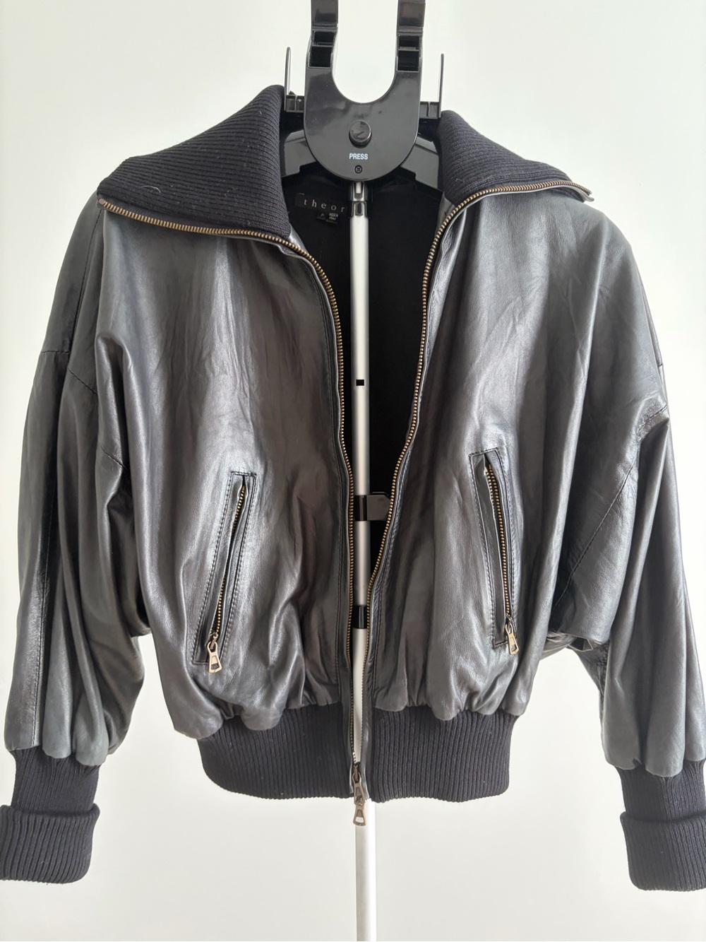 Theory Black Leather Bomber Jacket with Ribbed Trim
